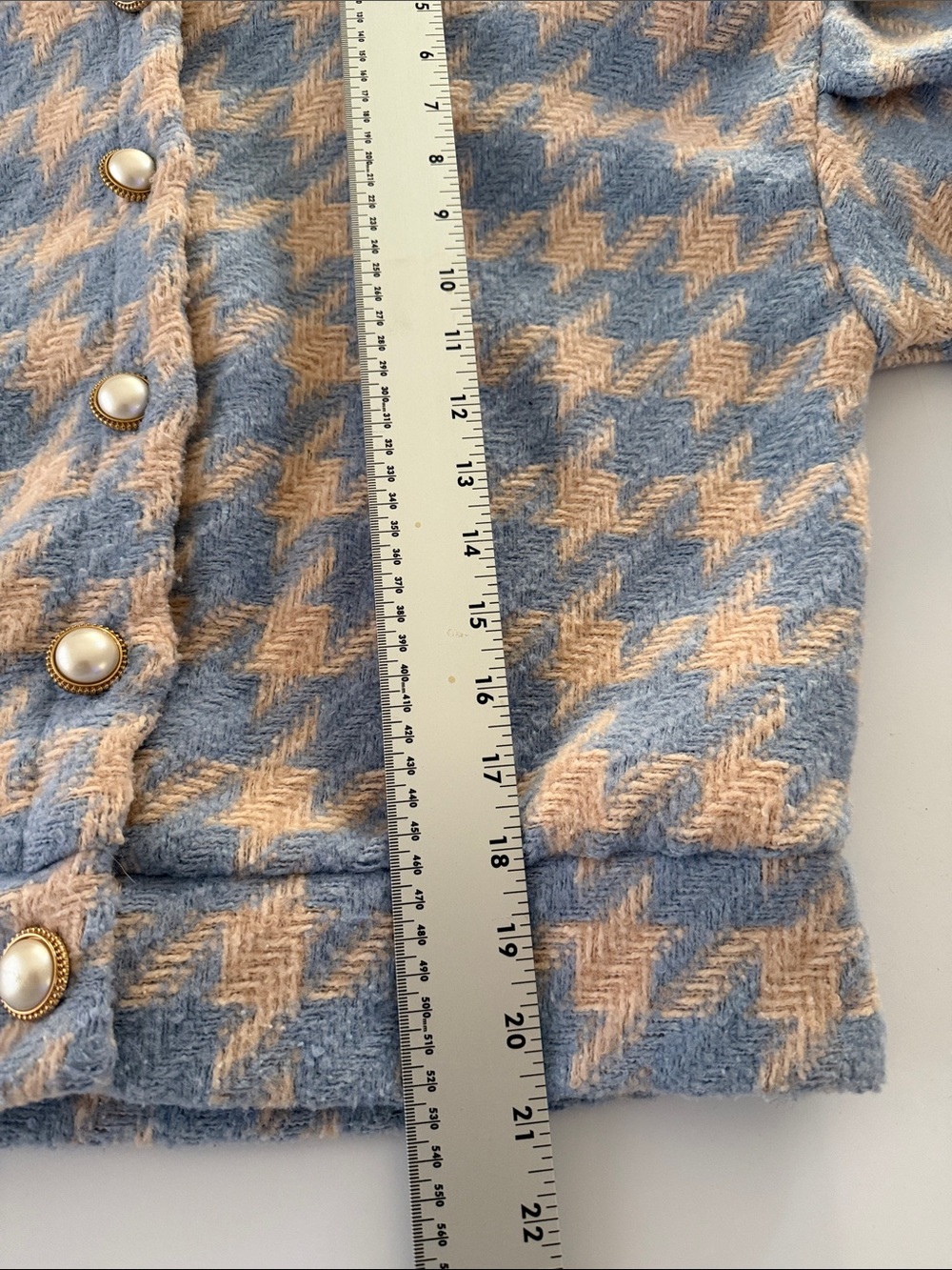 Storets Blue & Beige Houndstooth Pearl Button Cropped Cardigan Puff Sleeve Small - Picture 6 of 7